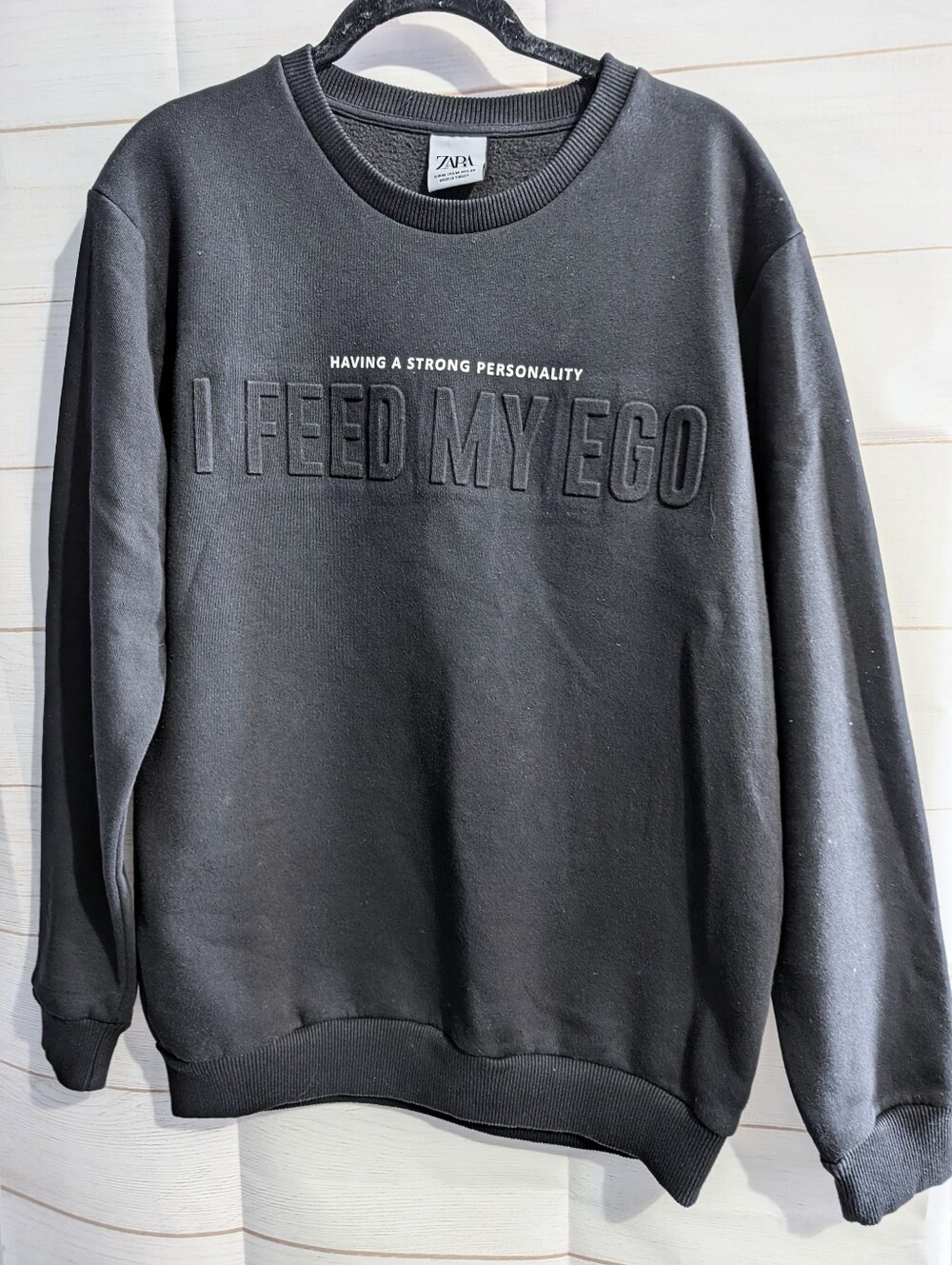Zara Black Crewneck Sweatshirt with Raised Text Size Medium